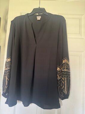 Chico's Black Blouse with Gold Embroidered Sleeves